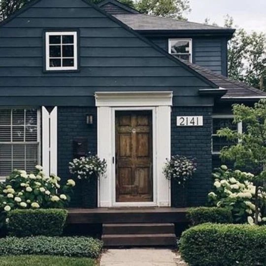 Curb Appeal For Dark Colored Home, Dark Blue With White Trim And vivid Bushes