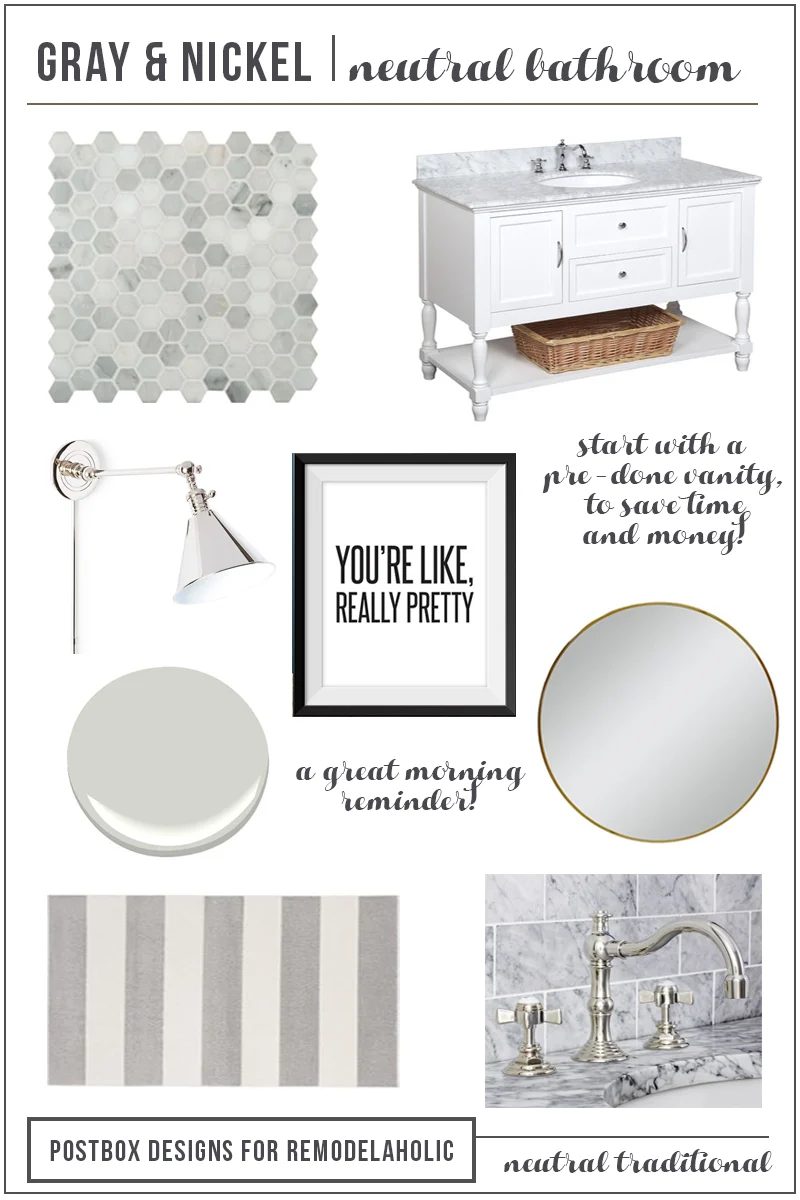 Designing a Classic Gray Bath Area, aka where to choose classic elements and where to follow trends | Polished Nickel and Gray Bathroom by Postbox Designs for Bekob.com
