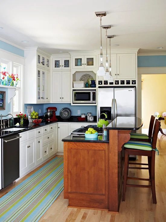 L kitchen layout with island via BHG