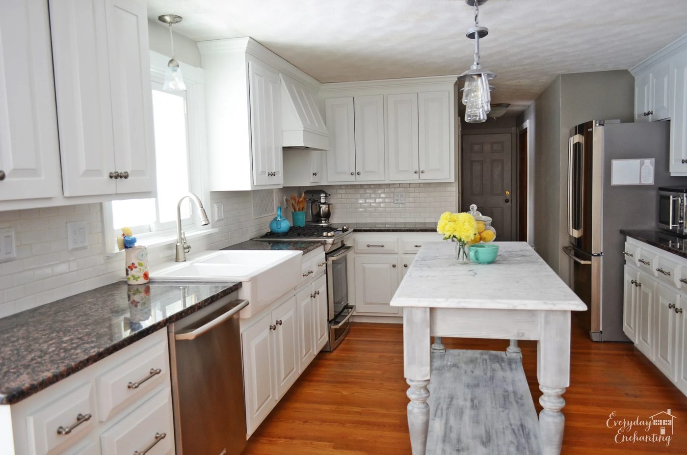 marble kitchen island in white kitchen, Everyday Enchanting on Bekob
