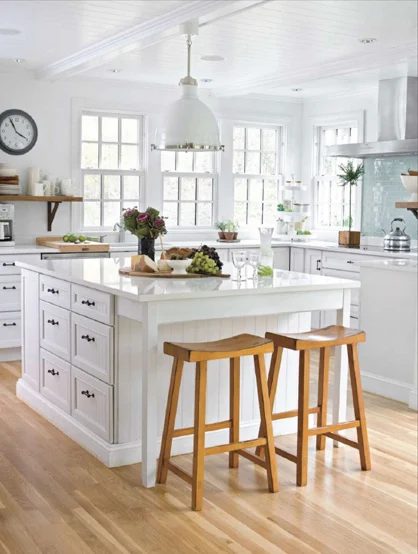 L shaped country kitchen floor plan with large island via DecorPad