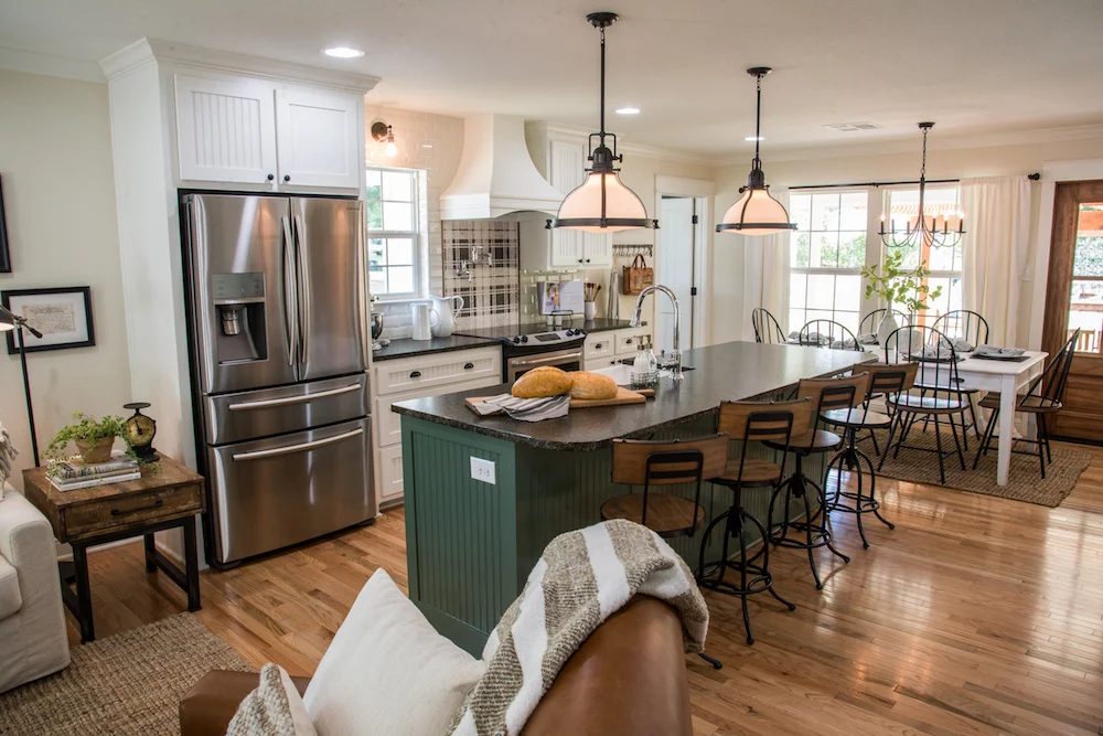 Open Small One-Wall Kitchen Layout with Island | Fixer Upper Graham House Kitchen And Dining featured on Bekob