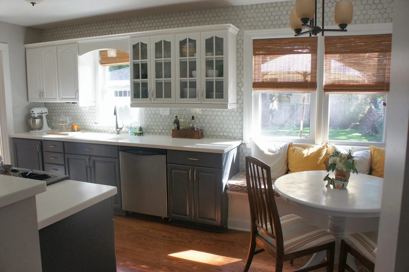 remodeled small galley kitchen floor plan with banquette dining area, Bekob