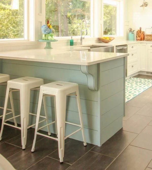 Wedgewood Grey Kitchen Island Peninsula With White Cabinetry, The Happy Housie Featured On Bekob