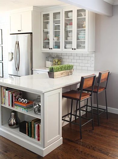 peninsula kitchen layout with built-in bookshelf via 7th House on the Left