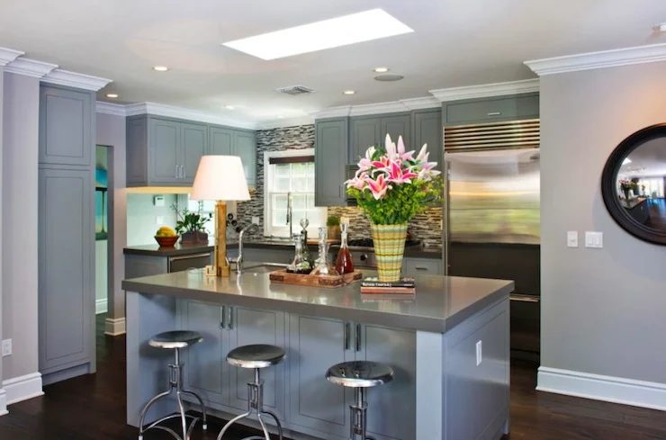 L shaped kitchen layout in gray with kitchen island via DecorPad