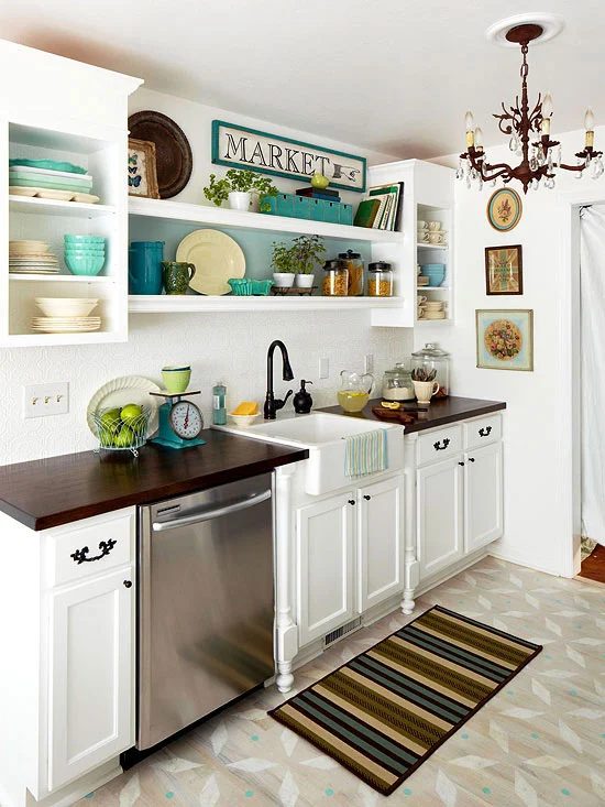one wall kitchen layout with apron sink featured on Bekob.com via BHG