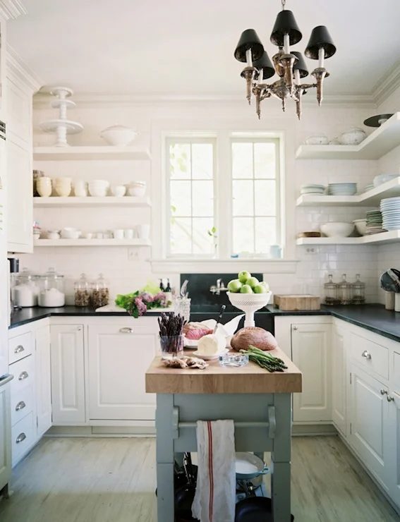 U shaped kitchen floor plan layout with open shelving via DecorPad