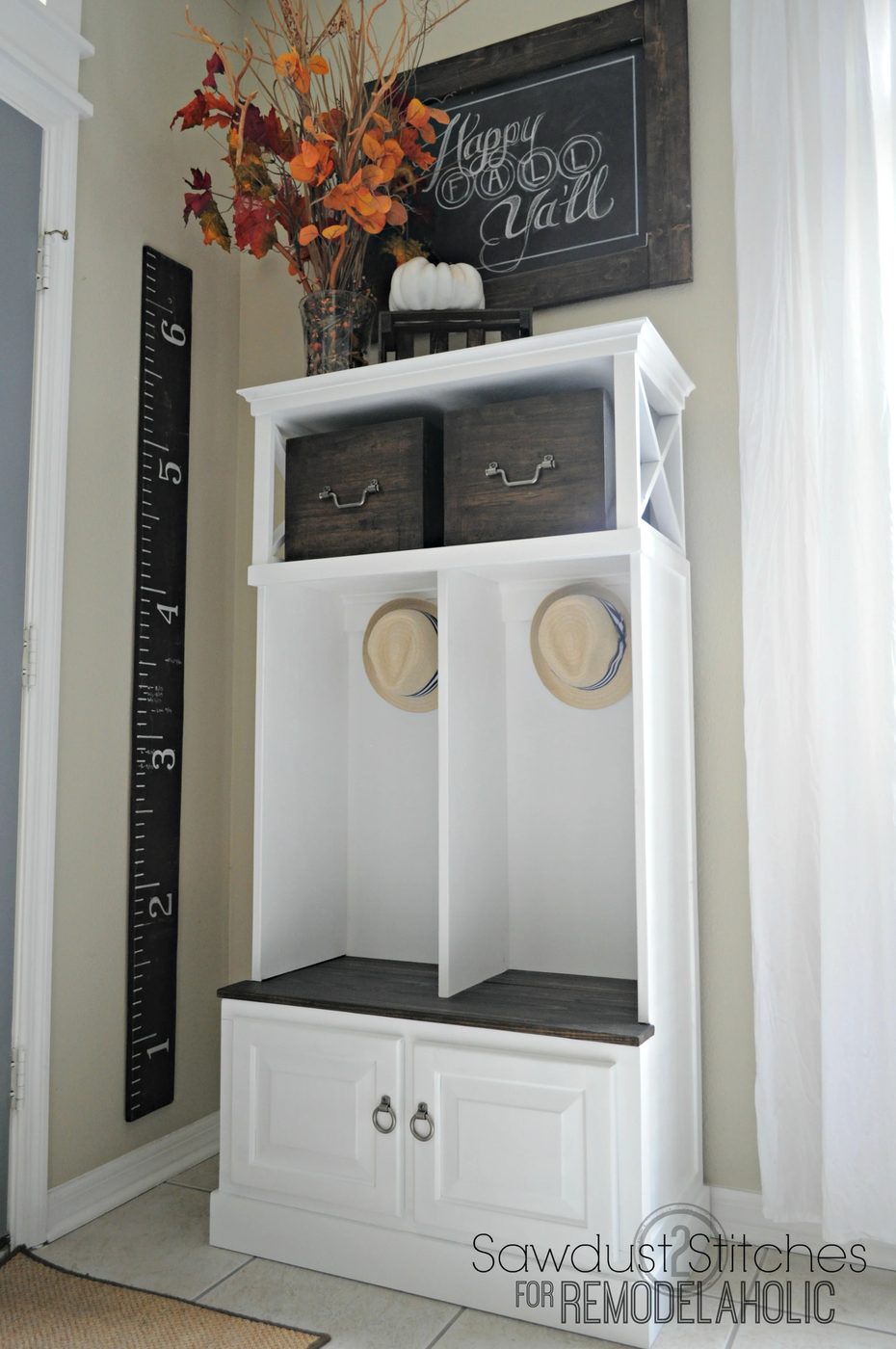 Turn a small media cabinet into an organized mudroom locker system @Bekob #beforeandafter #makeover #repurpose