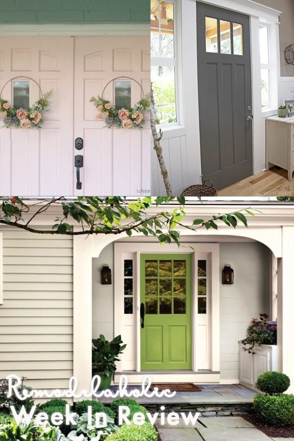 All Things Doors! Collage Of Exterior Doors, Bright Green Against White Trim, Grey Against White Trim, And Double Light Pink Doors With Floral Wreaths