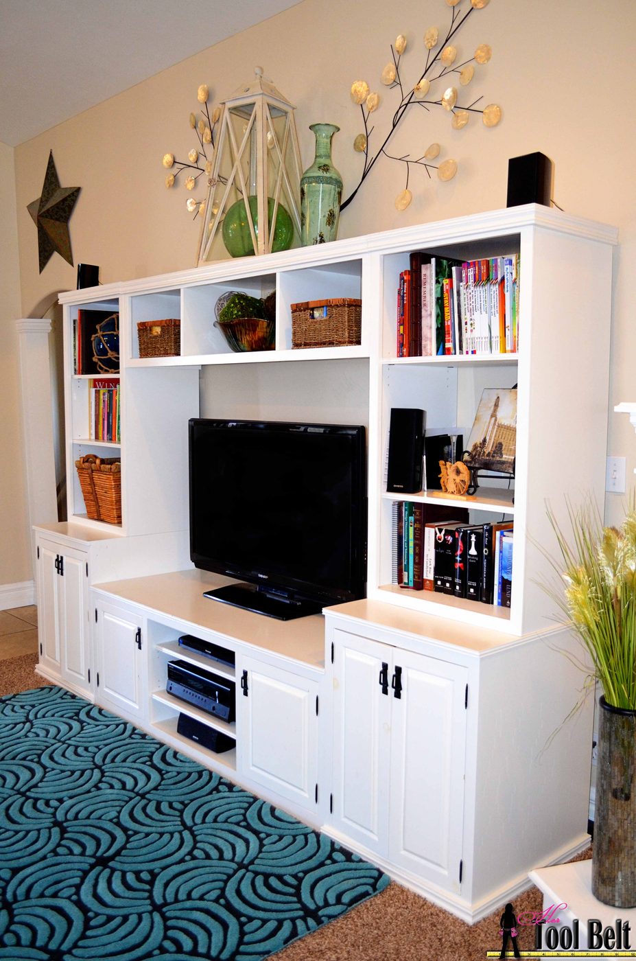 How to build a Pottery Barn inspired media center with toy storage, Her Tool Belt on Bekob