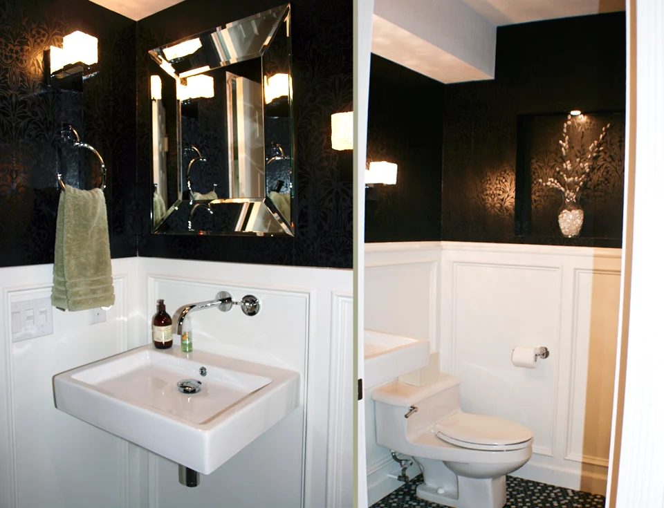 Powder Room With Black And White Walls
