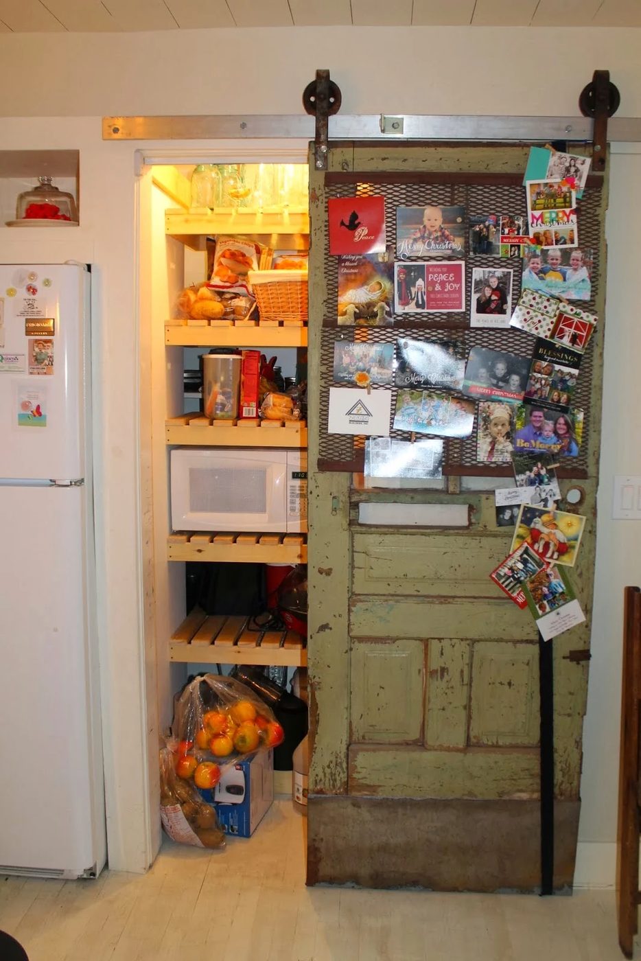 pantry storage on wood slat shelves with sliding barn door, Girl Meets Carpenter on @Bekob