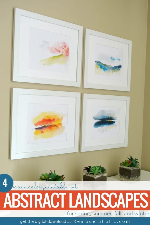 Add striking color and style to your wall art with this printable set of abstract watercolor landscapes with gold foil accents. 4 seasonal prints can be displayed together as a col