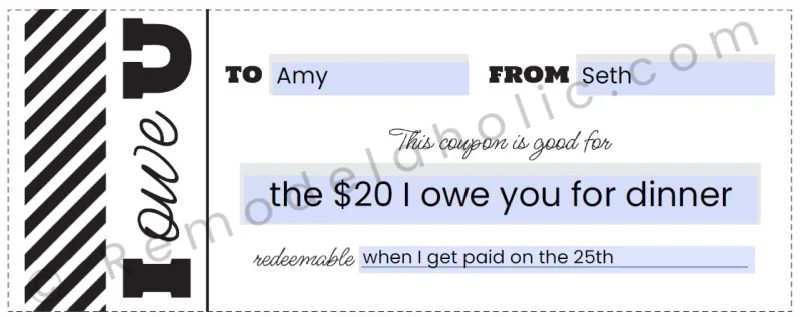 Free Printable IOU Coupon For Paying Back A Friend Or Giving A Gift Bekob