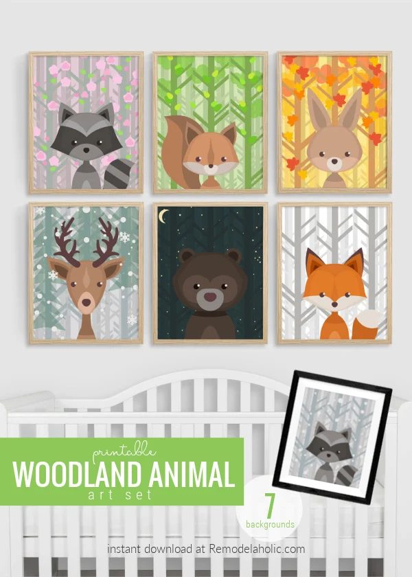 Printable Woodland Animal Nursery Art Set, All Seasons Plus Night Sky 7 Backgrounds 6 Creatures Bekob