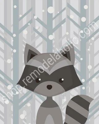 Winter Grey Woodland Animal Nursery Art Raccoon