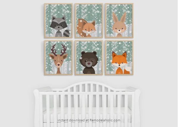 Winter Evergreen Snow Woodland Animal Nursery Art Set Printable Bekob