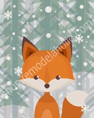 Winter Evergreen Woodland Animal Nursery Art Fox