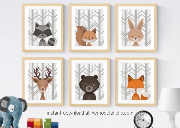 Gray Birch Forest Winter Woodland Animal Nursery Art Set Printable Download Bekob
