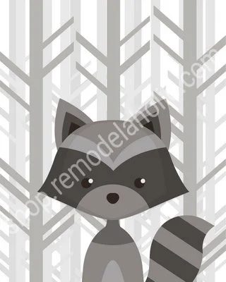 Gray Forest Woodland Animal Nursery Art Raccoon