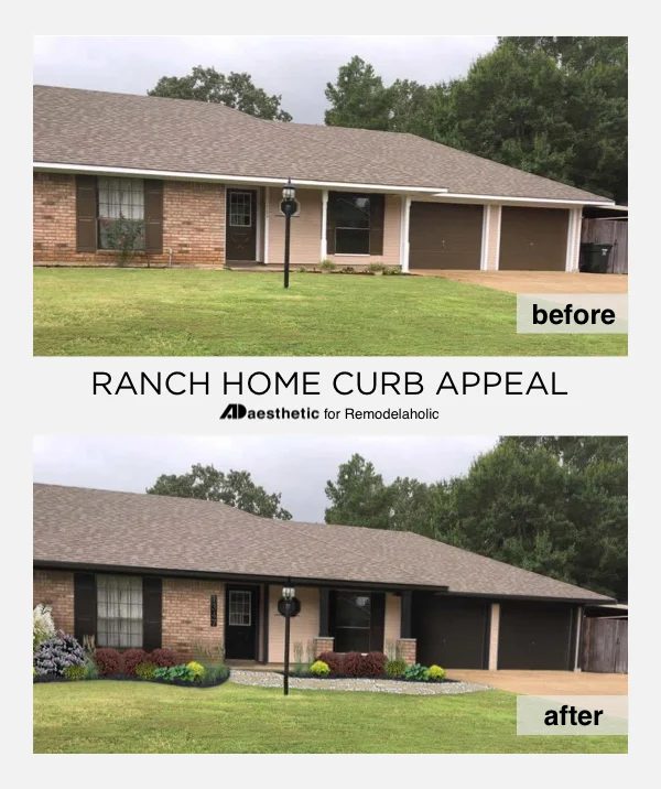 Update your ranch home curb appeal without a major renovation or even paint using these straightforward curb appeal improvement options in this virtual home makeover.