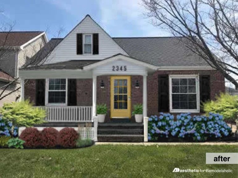 After | Plain to Pretty Curb Appeal Inspiration | Adding a Porch and Shutters #Bekob #curbappeal #virtualmakeover