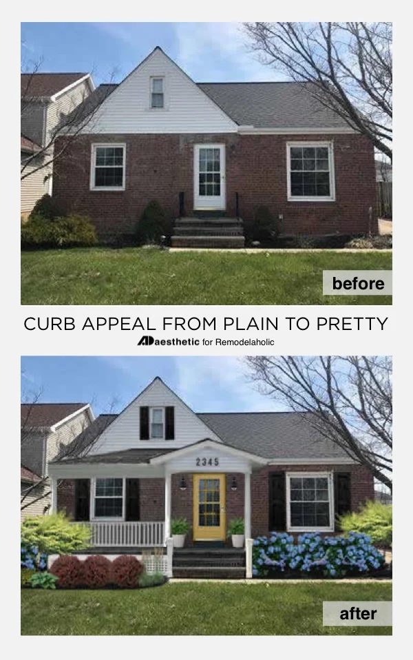 Plain to Pretty Curb Appeal Inspiration | Adding a Porch and Shutters #Bekob #virtualmakeover #curbappeal