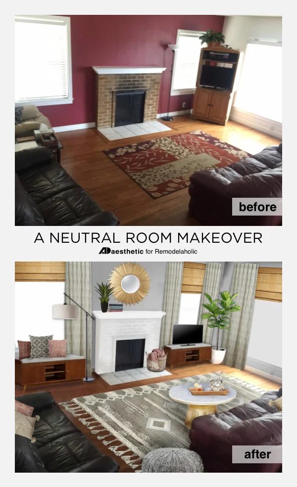 Decorate a neutral living while keeping your existing sofas -- and make a burgundy couch look stylish instead of dated