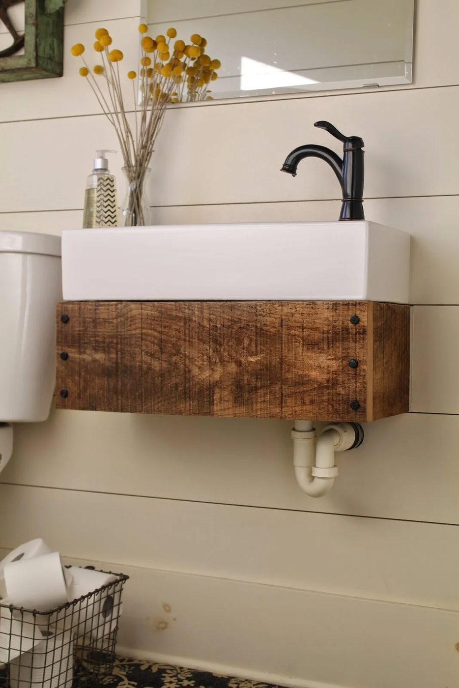 floating vanity made from reclaimed wood - Girl Meets Carpenter featured on @Bekob