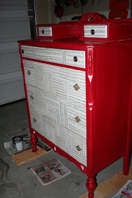 Red Dresser Makeover With Sheet Music Drawer Fronts