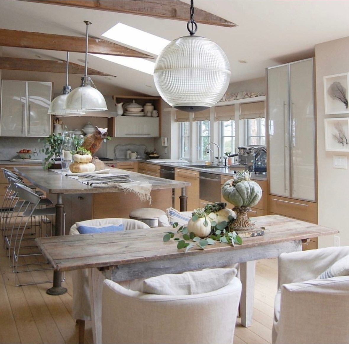 Kitchen And Dining Area, Wood Table And Ceiling Beams