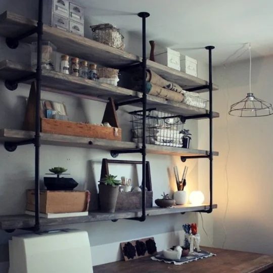 20 Handmade 2x4 Shelf options, Image Of Wood And Metal Shelves Hanging From Ceiling