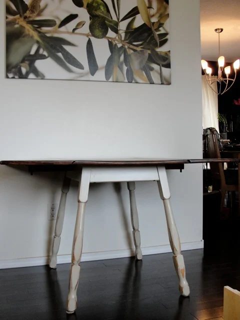 Refinished Drop Leaf Table With White Legs And Brown Top