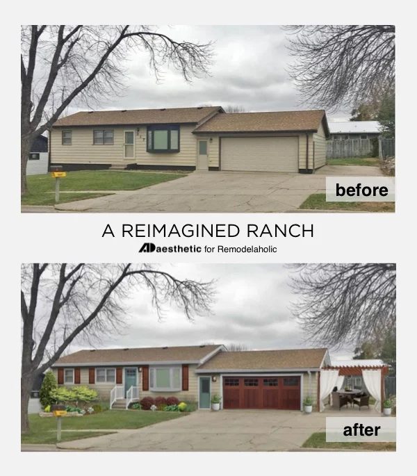 A dated ranch exterior gets a reimagined look and added curb appeal *without painting* in this virtual makeover featuring new cedar shutters, a pergola, and a new garage door. #Mrl