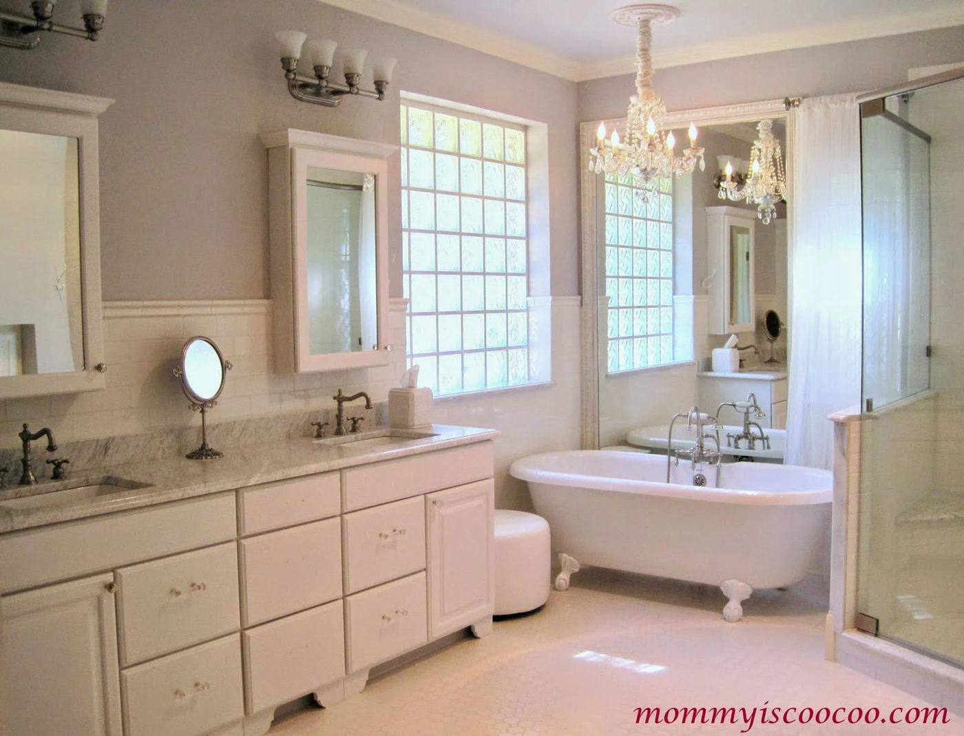 white bathroom makeover with builder grade mirror framed behind tub, Mommy is Coocoo on Bekob