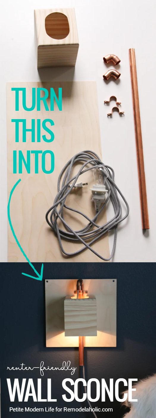 Looking for an straightforward renter-friendly lighting solution? Look no farther than this Handmade wall sconce! Use hardware and craft store materials to create a unique industri