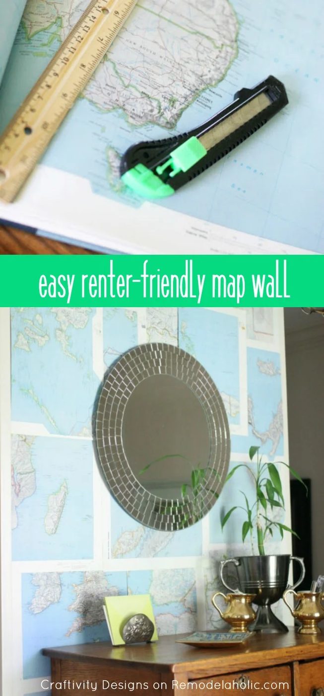 straightforward Handmade Map Wall -- renter friendly, no nails or holes in the wall