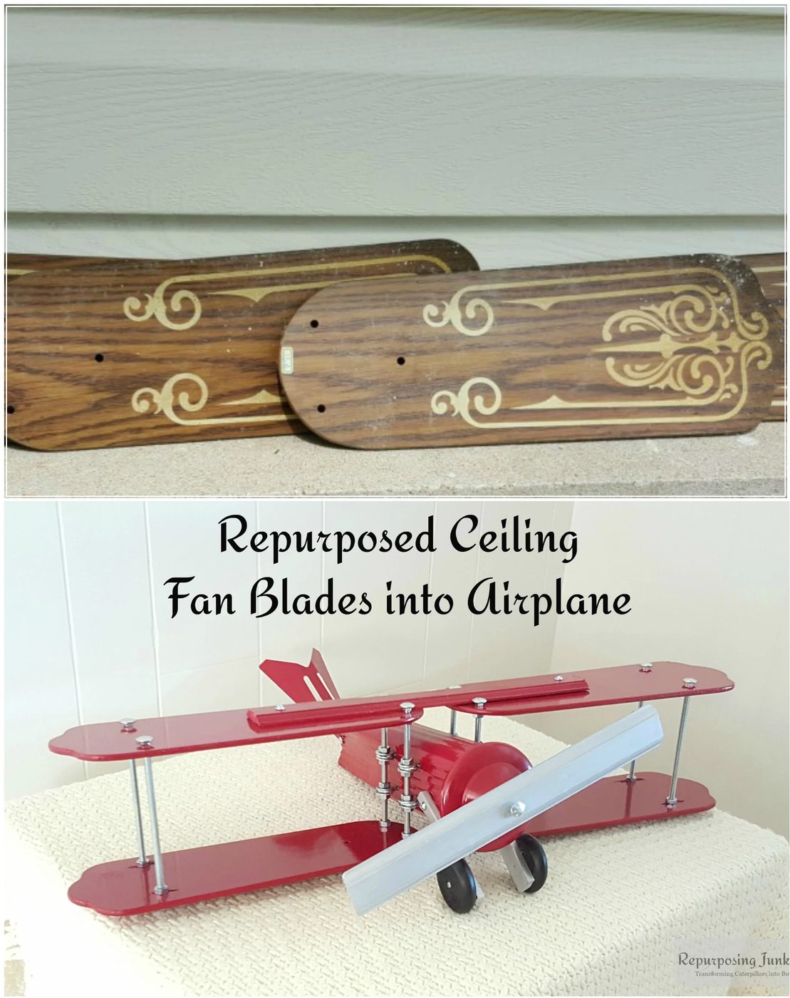26 Upcycled old ceiling fan blades repurposed into decorative airplane, by Repurposing Junkie featured on @Bekob