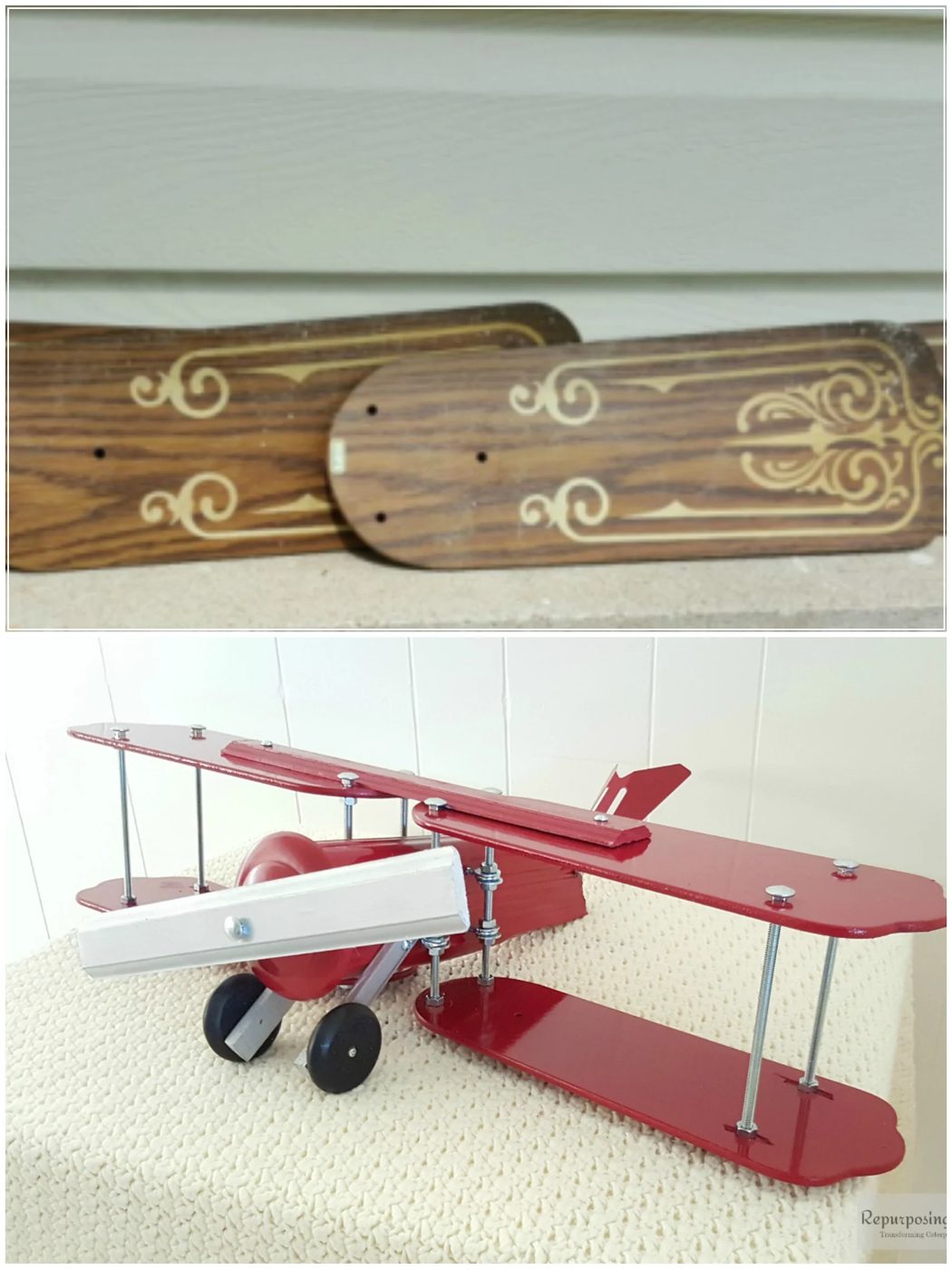 27 Recycle old ceiling fan blades into decorative airplane, by Repurposing Junkie featured on @Bekob