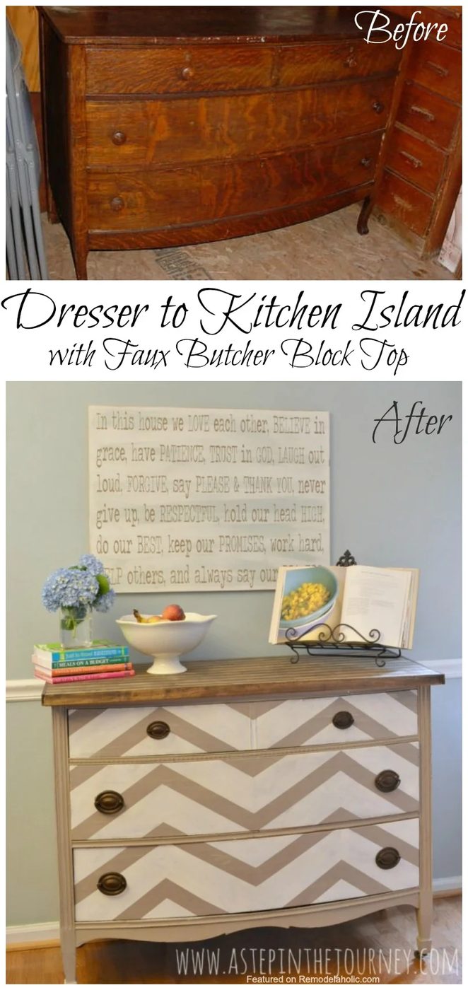 Dresser to kitchen island upcycle with faux butcher block counter top walkthrough
