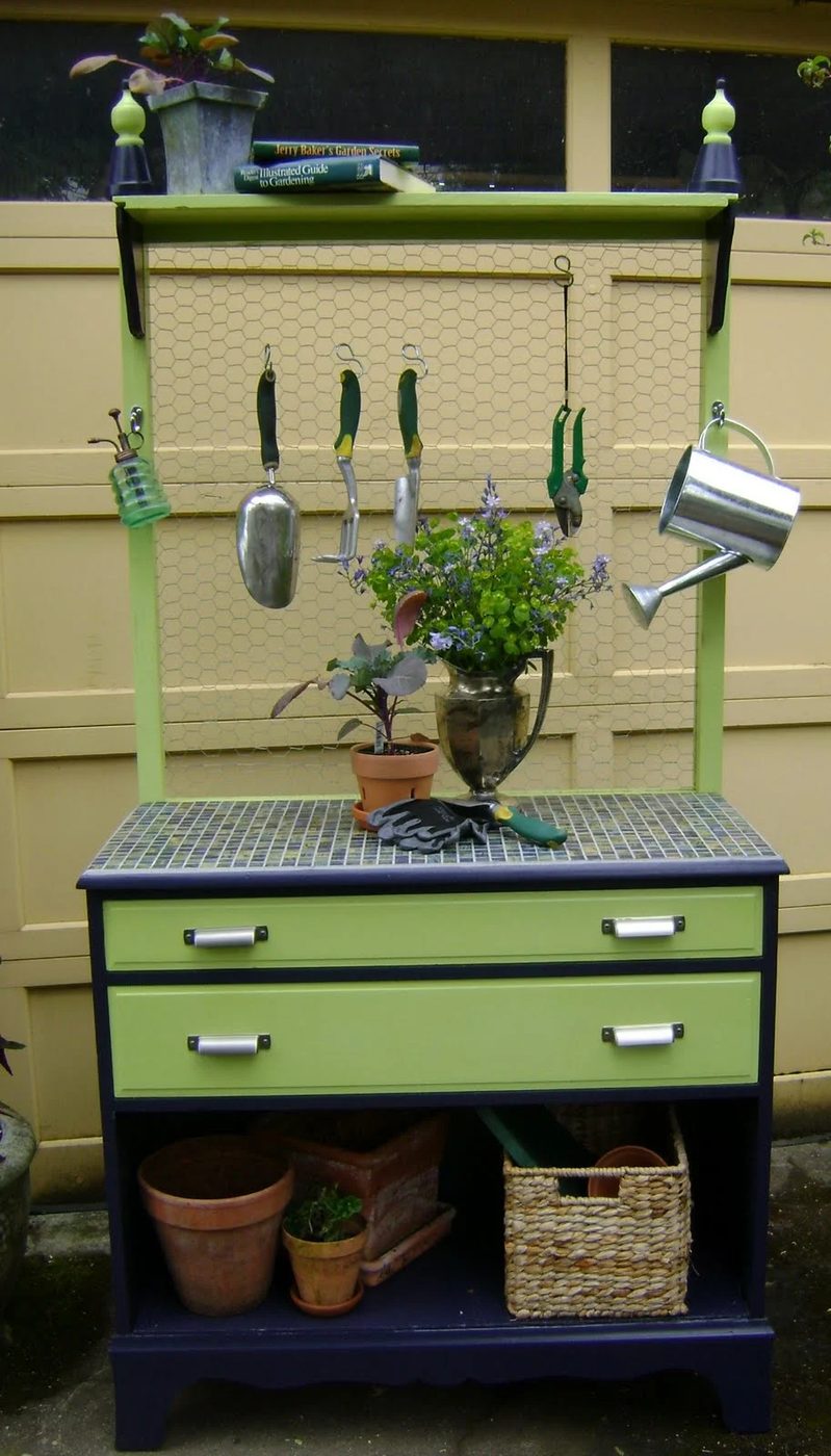 repurposed dresser to garden potting bench, Jarden Designs