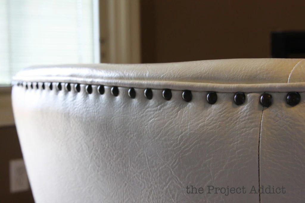 nailhead trim on a restored leather chair, The Project Addict featured on Bekob