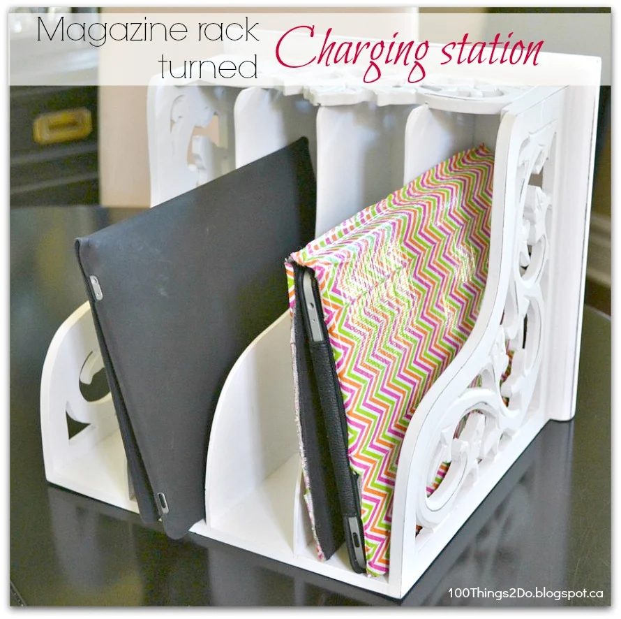 handmade charging station magazine rack from 100 things to do on Bekob