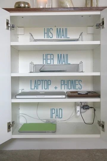 handmade charging station hidden inside cabinet from Wayfair featured on Bekob