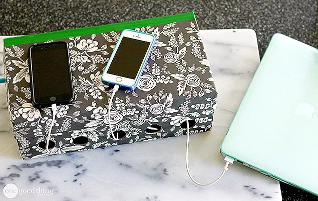 handmade charging station shoe box from one good thing
