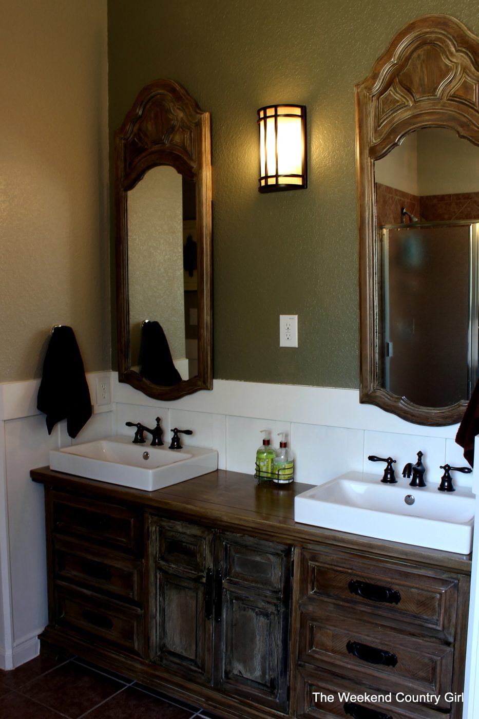 Upcycled dresser and mirrors for bathroom makeover by The Weekend Country Girl featured on @Bekob