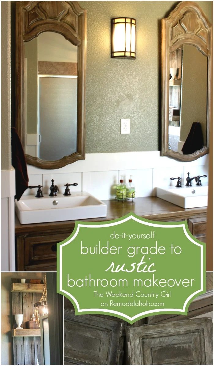 Handmade Builder Grade to Rustic Bathroom Makeover with reclaimed wood shelving, faux weathered wood vanity, and chandelier @Bekob