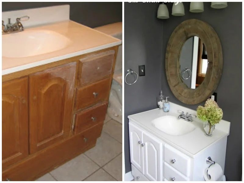Granite gray bathroom makeover with white vanity, before and after The Corson Cottage on @Bekob