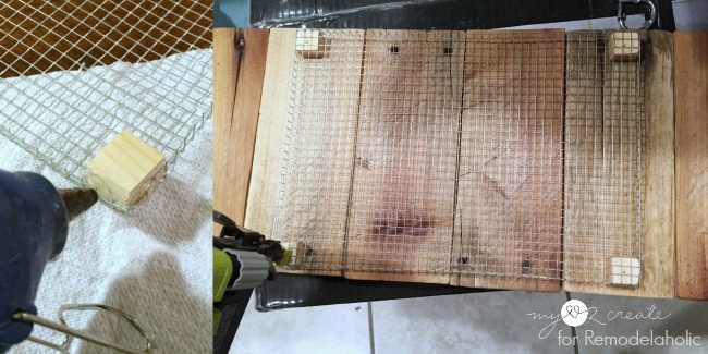 hot glue wood squares to hardware cloth and nail to pallet boards